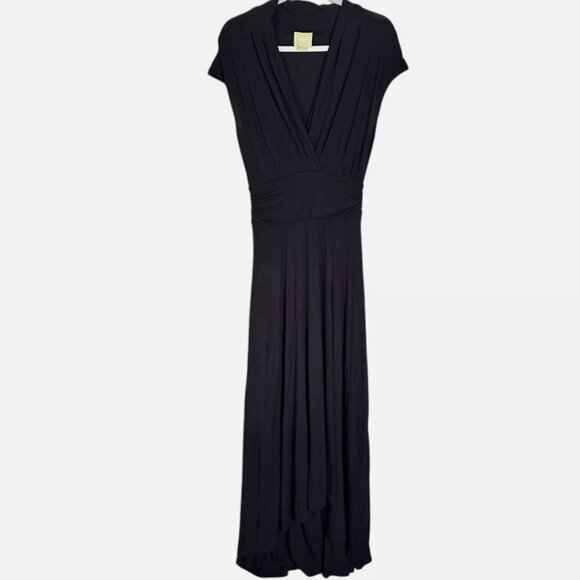 Anthropology Maeve Dress Black Long Maxi Open V-Neck Wrapped Flared | Size SP - Picture 1 of 7
